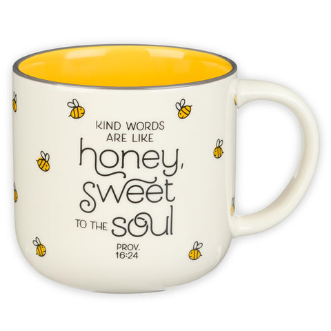 Christian Art Gifts Bumble Bee Mug front with Proverbs 16:24 and bees motif for daily inspiration