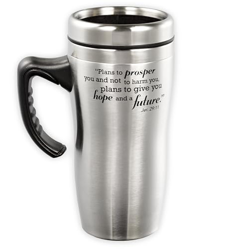 Christian Art Gifts stainless travel mug interior view highlighting double-wall insulation.