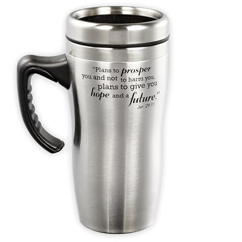 Christian Art Gifts stainless travel mug interior view highlighting double-wall insulation.