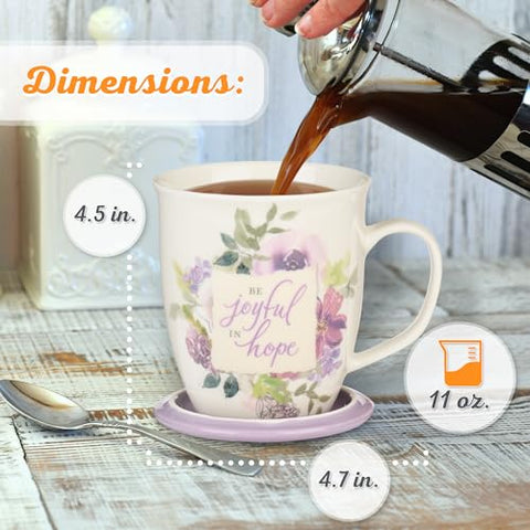 Front view of Be joyful in hope verse on the mug