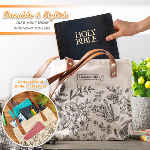 Christian Art Gifts tote front print features Amazing Grace and floral artwork
