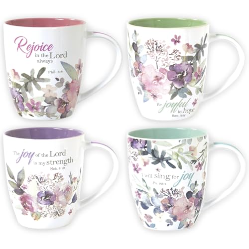 Christian Art Gifts Joy of the Lord mug with purple interior for calming tea moments.