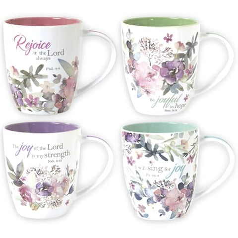 Christian Art Gifts Joy of the Lord mug with purple interior for calming tea moments.