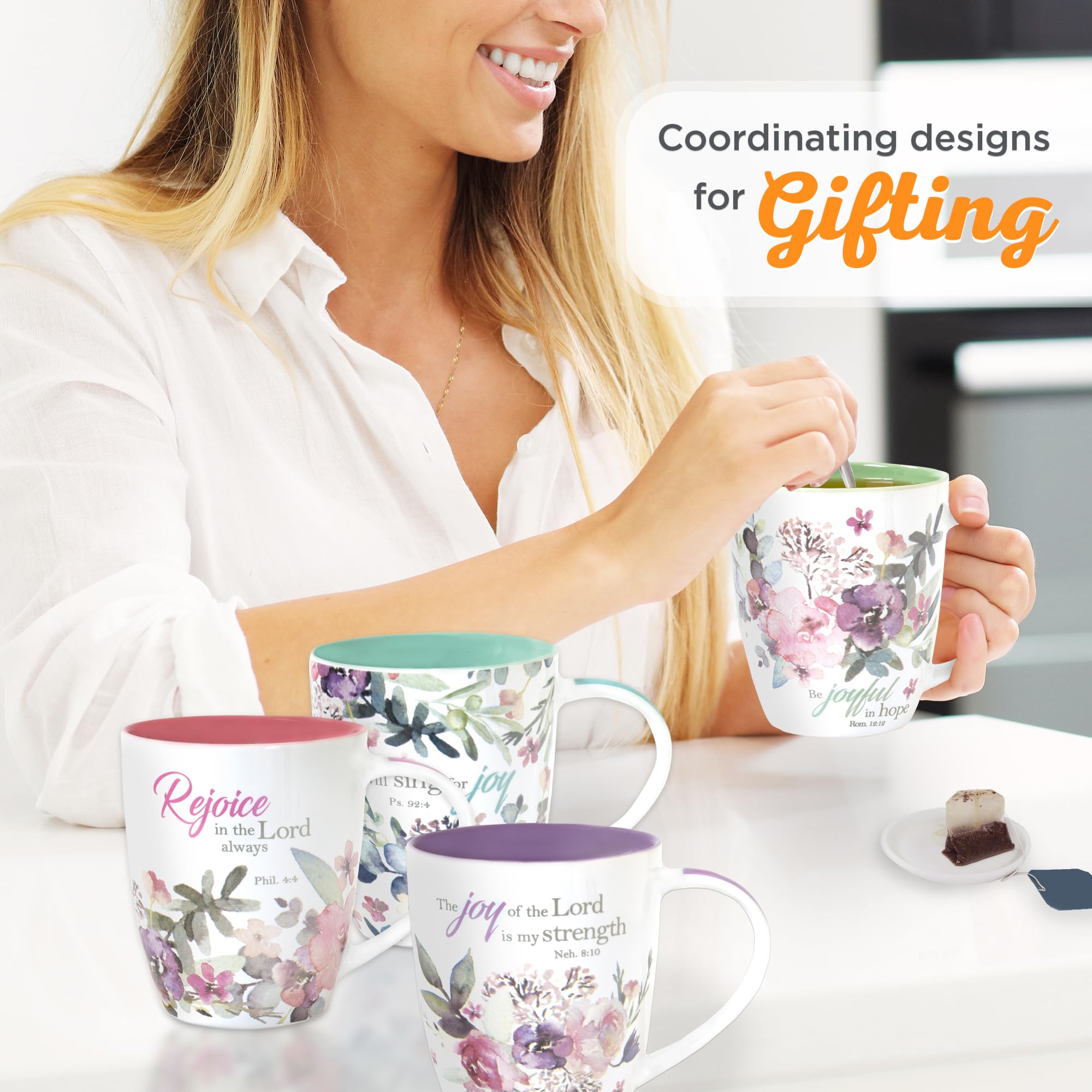 Christian Art Gifts Joyful in Hope mug with sage green interior for reflective moments.