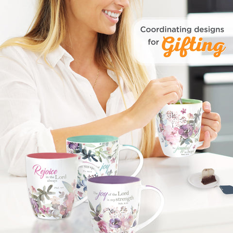 Christian Art Gifts Joyful in Hope mug with sage green interior for reflective moments.