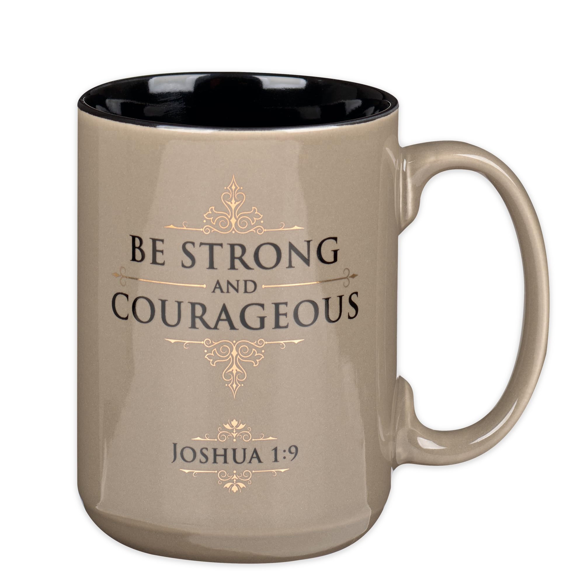 Christian Art Gifts mug front view with Be Strong and Courageous and gold foil