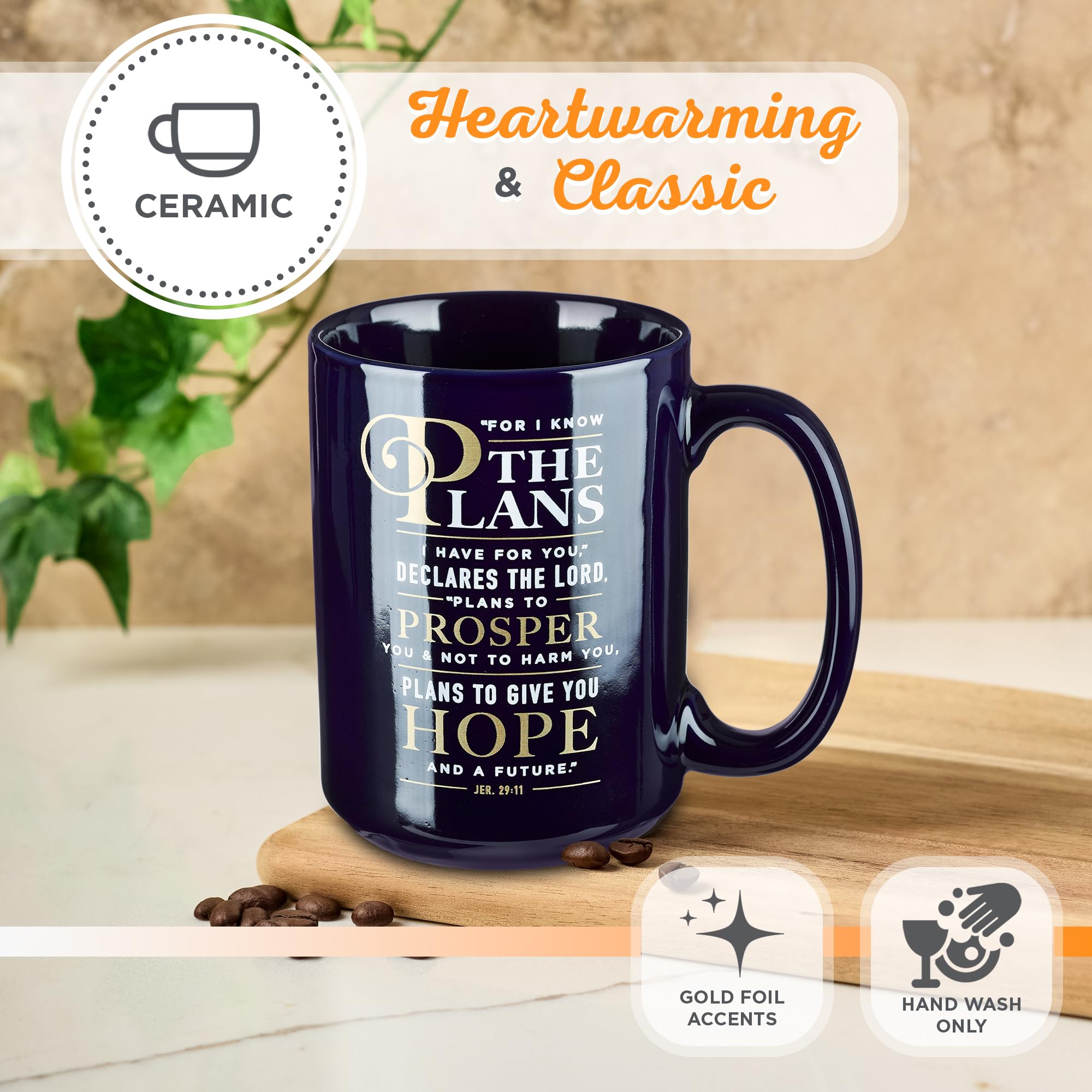 Christian Art Gifts microwave-safe navy mug suitable for quick warming