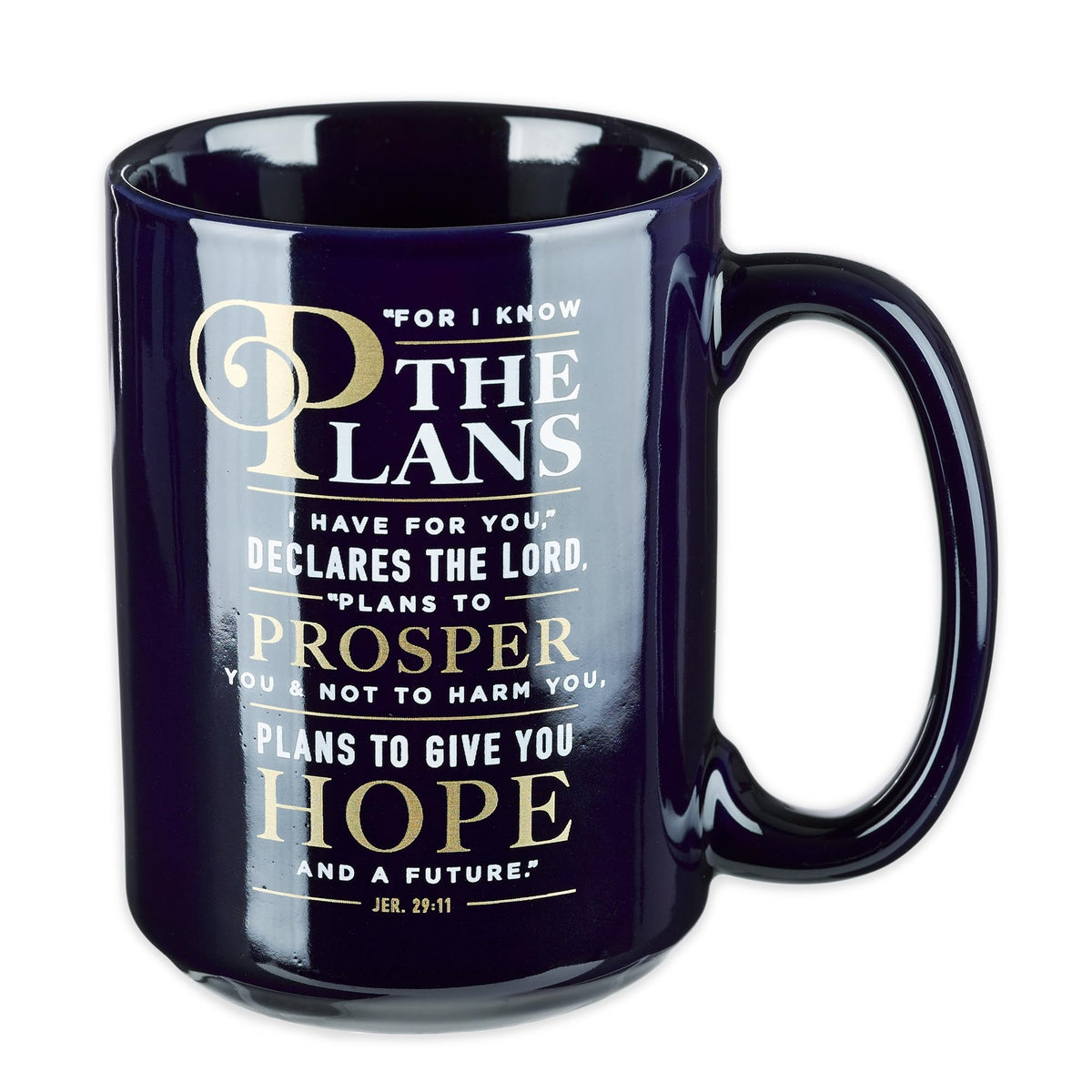 Christian Art Gifts navy blue mug 14oz front view with Jeremiah 29:11 for daily inspiration