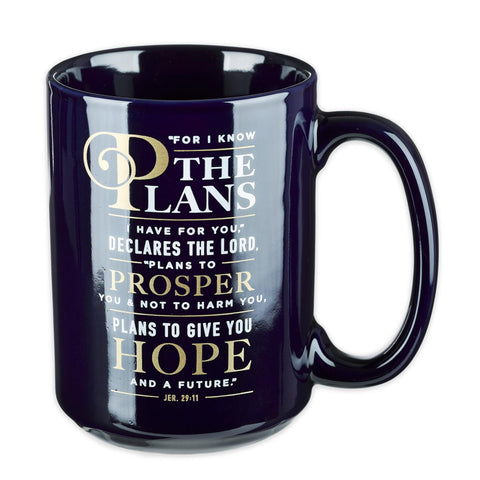 Christian Art Gifts navy blue mug 14oz front view with Jeremiah 29:11 for daily inspiration