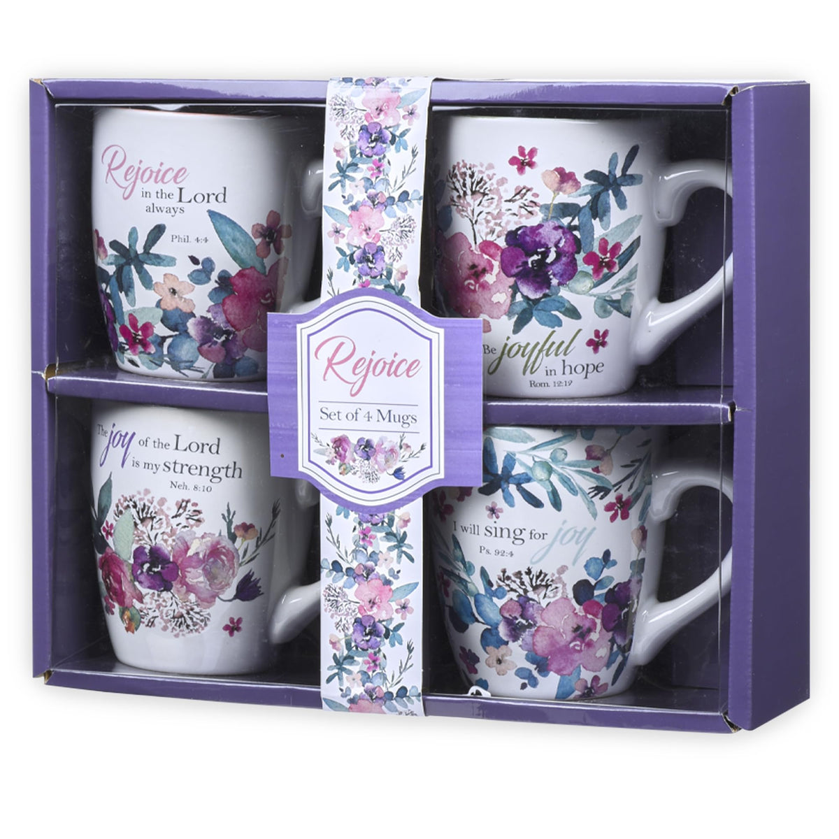 Christian Art Gifts Rejoice mug set with watercolor florals for daily inspiration.