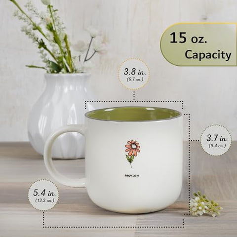 Christian Art Gifts mug back view showing scripture reference and floral motif