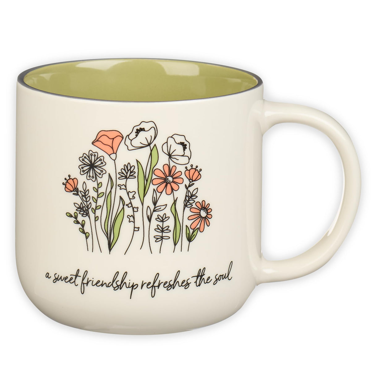 Christian Art Gifts Sage Green Floral Mug front view with Proverbs 27:9 for daily inspiration