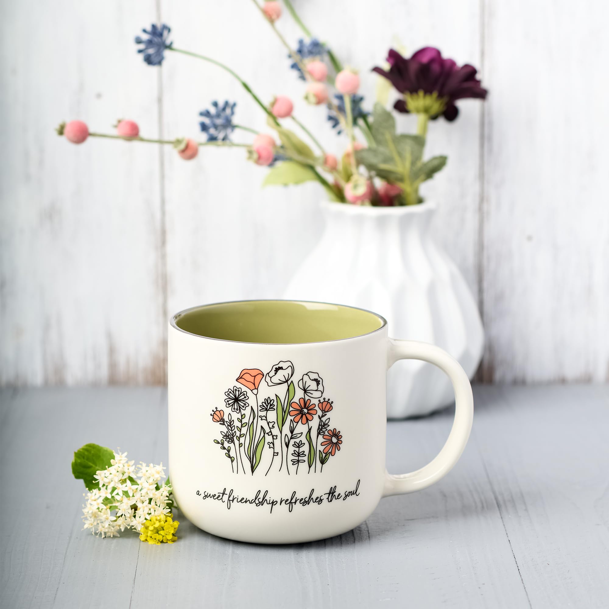 Close-up of sturdy handle on Christian Art Gifts sage green floral mug for comfortable use