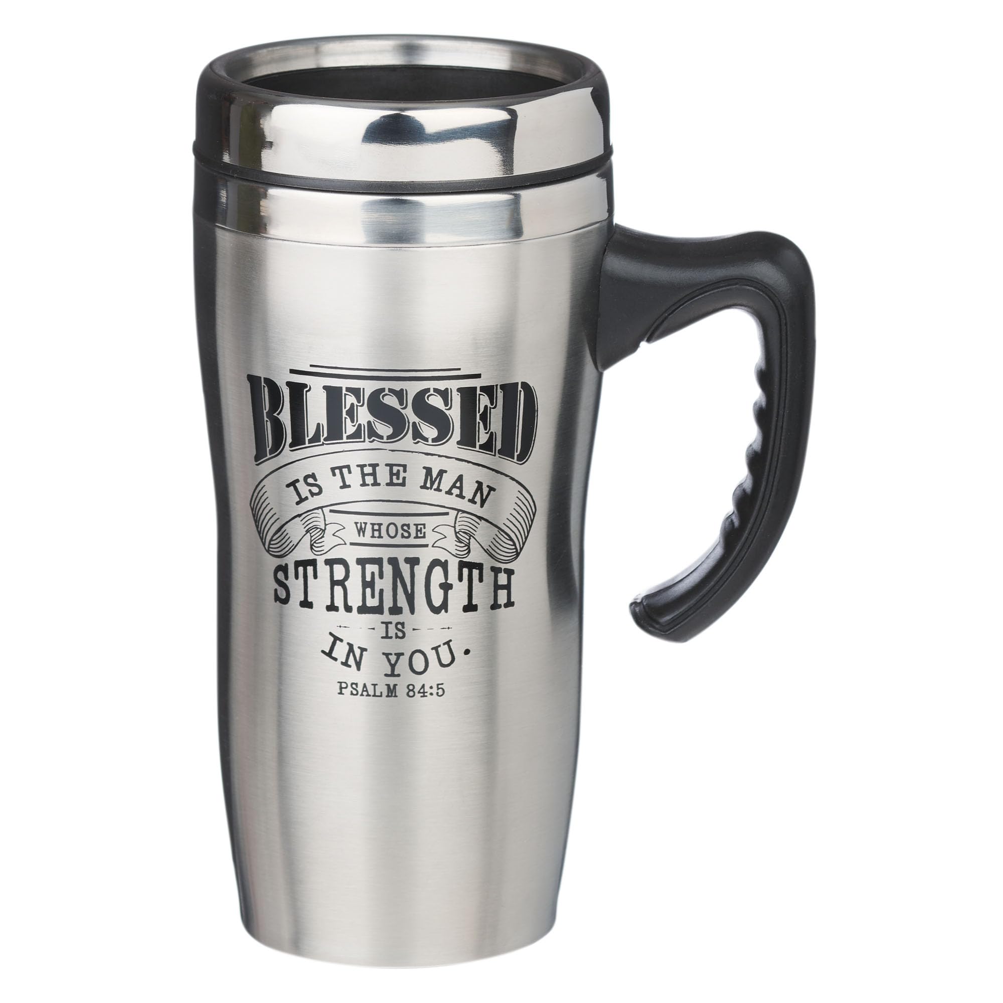 Christian Art Gifts travel mug with lid and handle, stainless steel for on-the-go hydration.
