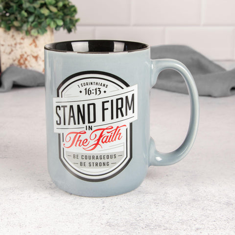 Christian Art Gifts Stand Firm mug quote-detail highlights bold typography in a stylish frame