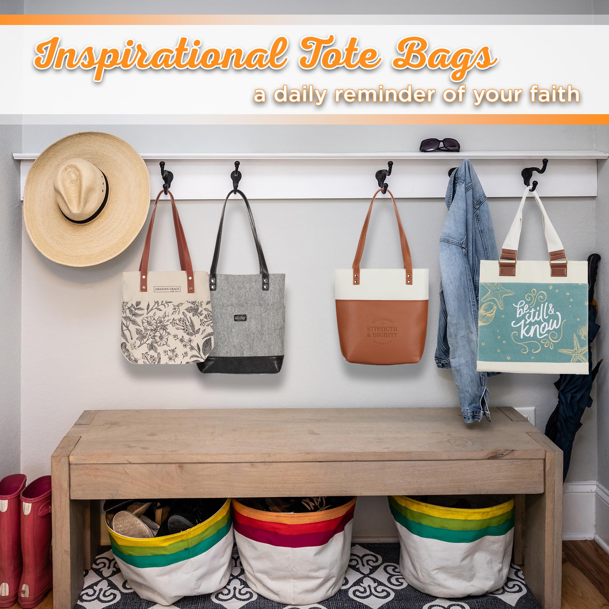 Christian Art Gifts tote uses durable stitching and metal hardware for heavy use