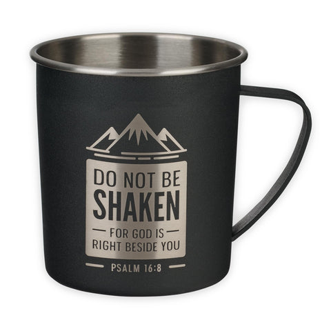 Christian Art Gifts travel mug in black with Psalm 16:8 engraving, ideal for daily commuting.