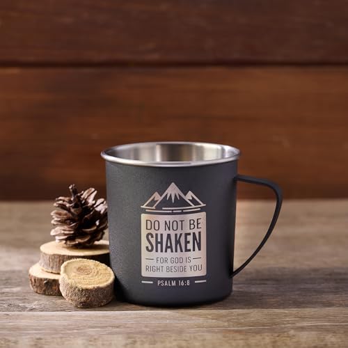 Christian Art Gifts black camp-style mug with a comfortable handle for outdoors and camping.