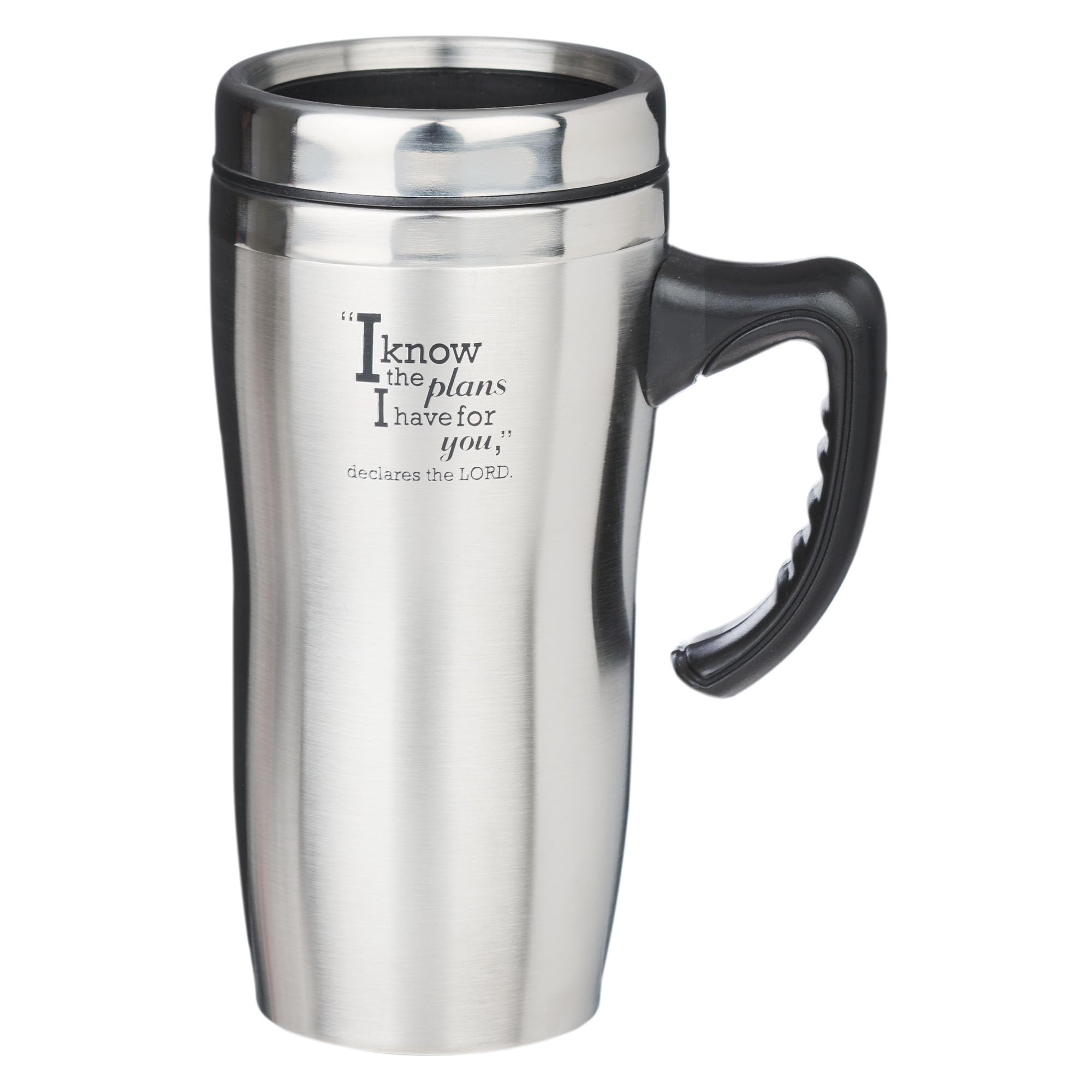 Christian Art Gifts travel mug with handle and lid close-up showing durable stainless steel.