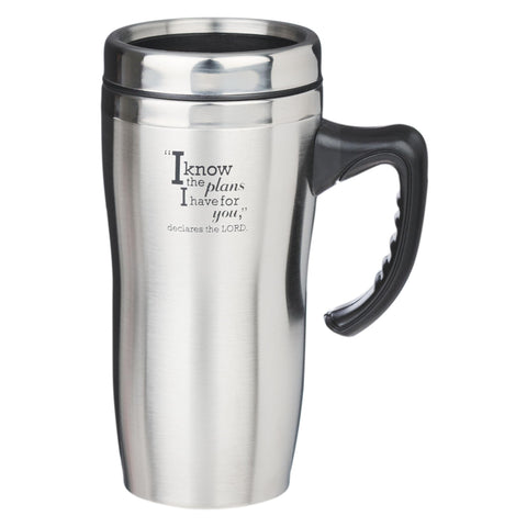 Christian Art Gifts travel mug with handle and lid close-up showing durable stainless steel.