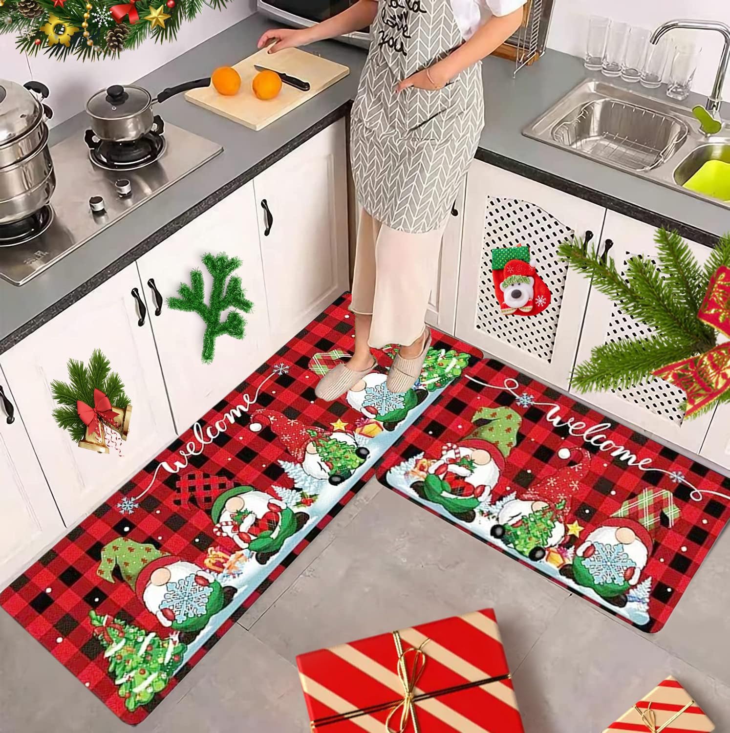 Holly berries long rug for wide spaces, non-slip backing.