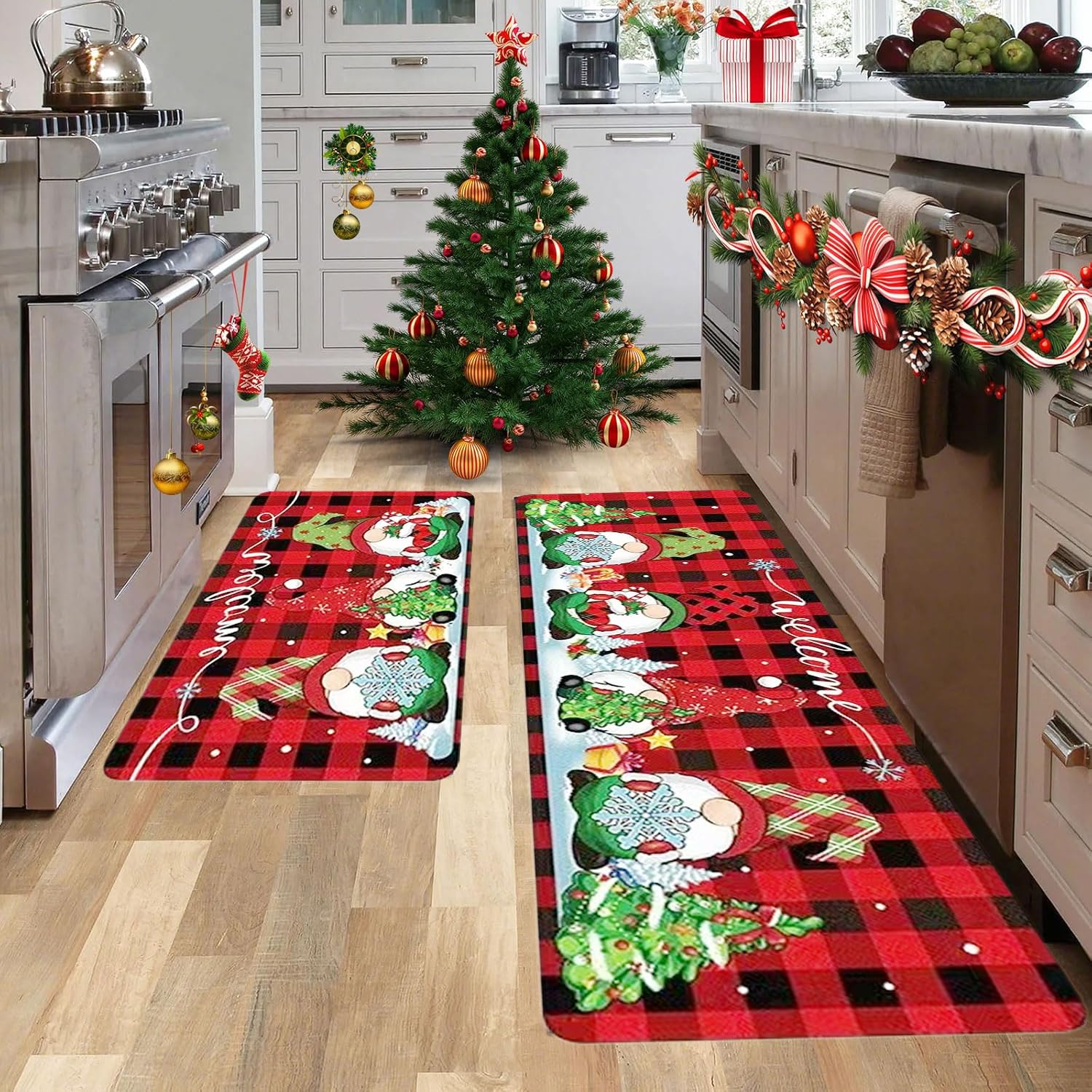 Christmas kitchen rug set non-slip backing for stable placement.