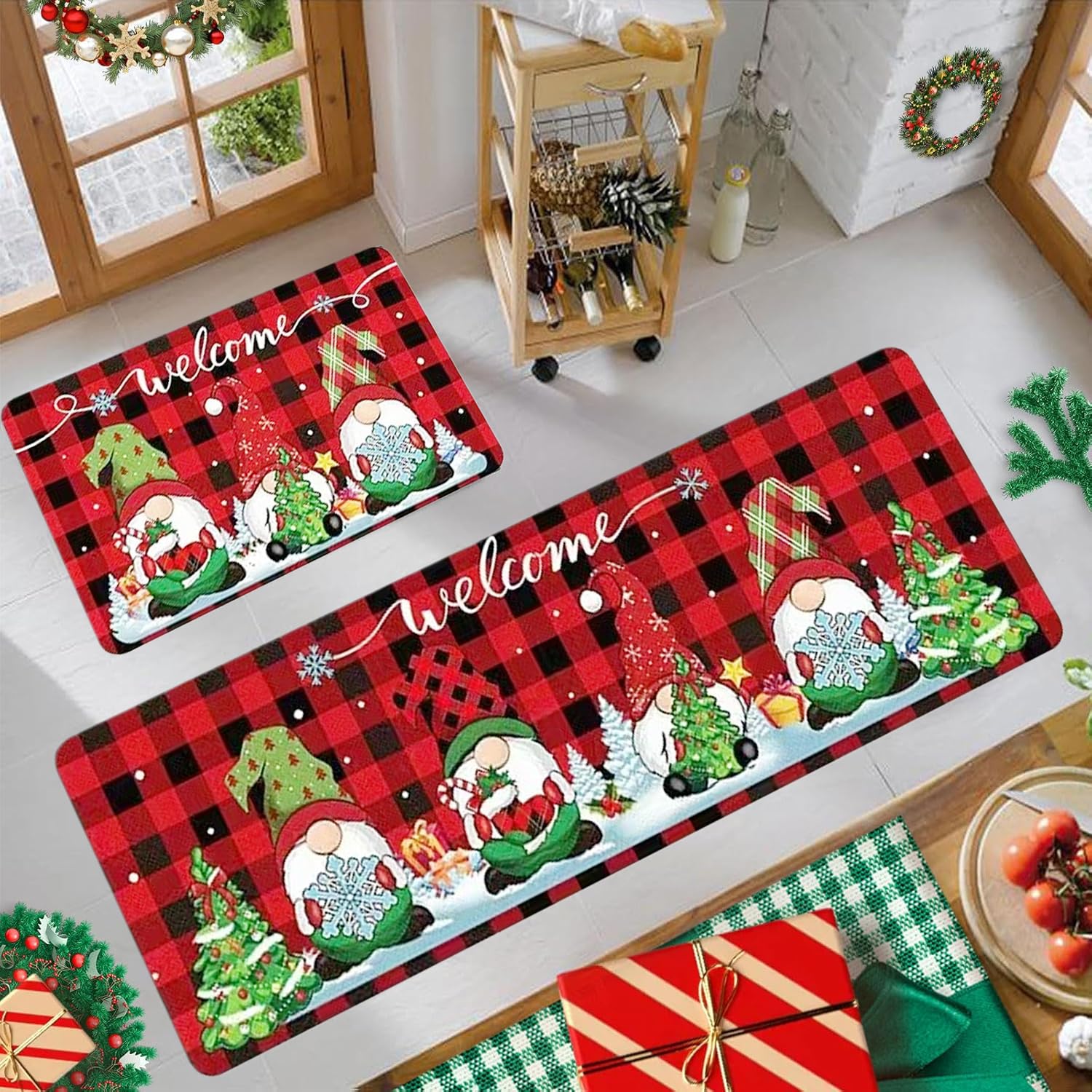 Snowman kitchen mat in 16x47 inches for long doorway coverage and easy cleaning.