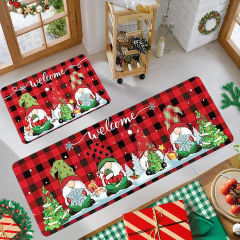 Snowman kitchen mat in 16x47 inches for long doorway coverage and easy cleaning.