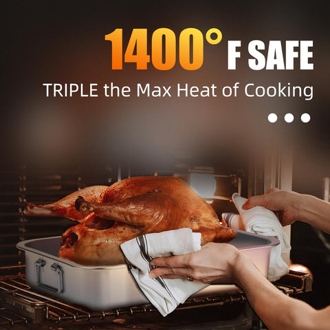 Chrysovereign pan interior is coating-free for versatile roasting and cleanup.