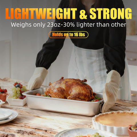 Chrysovereign turkey pan side handle design allows easy oven transfers.