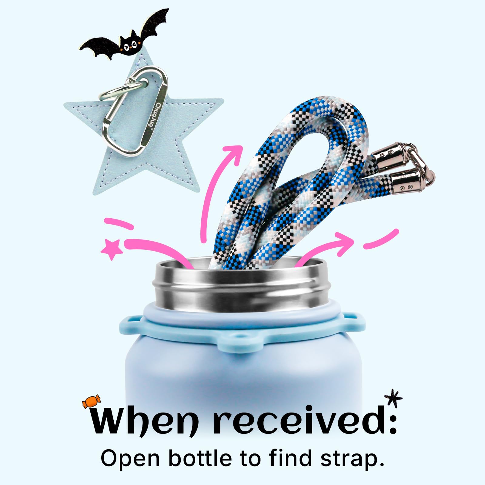 Vibrant color options with star charm and carabiner for personalization.