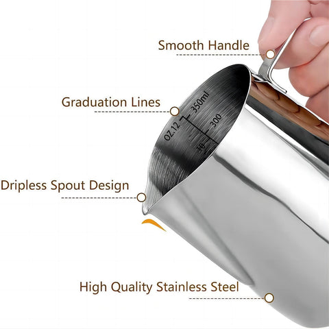 CHULUX stainless steel frothing cup shows durable 304 stainless steel for daily coffee prep.