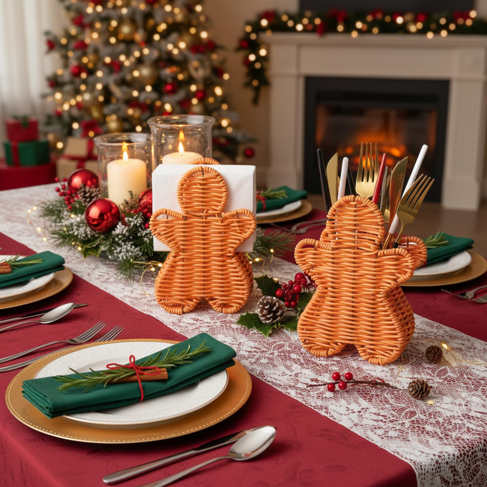 Chunful rattan gingerbread decor enhances table styling with natural warmth.