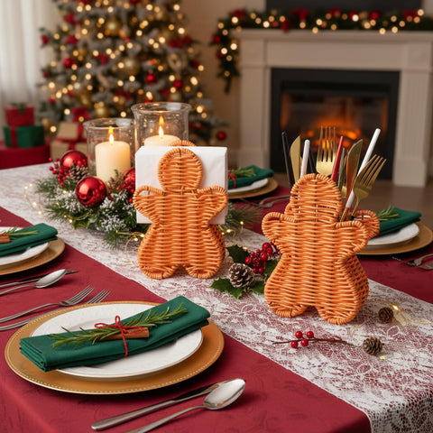 Chunful rattan gingerbread decor enhances table styling with natural warmth.