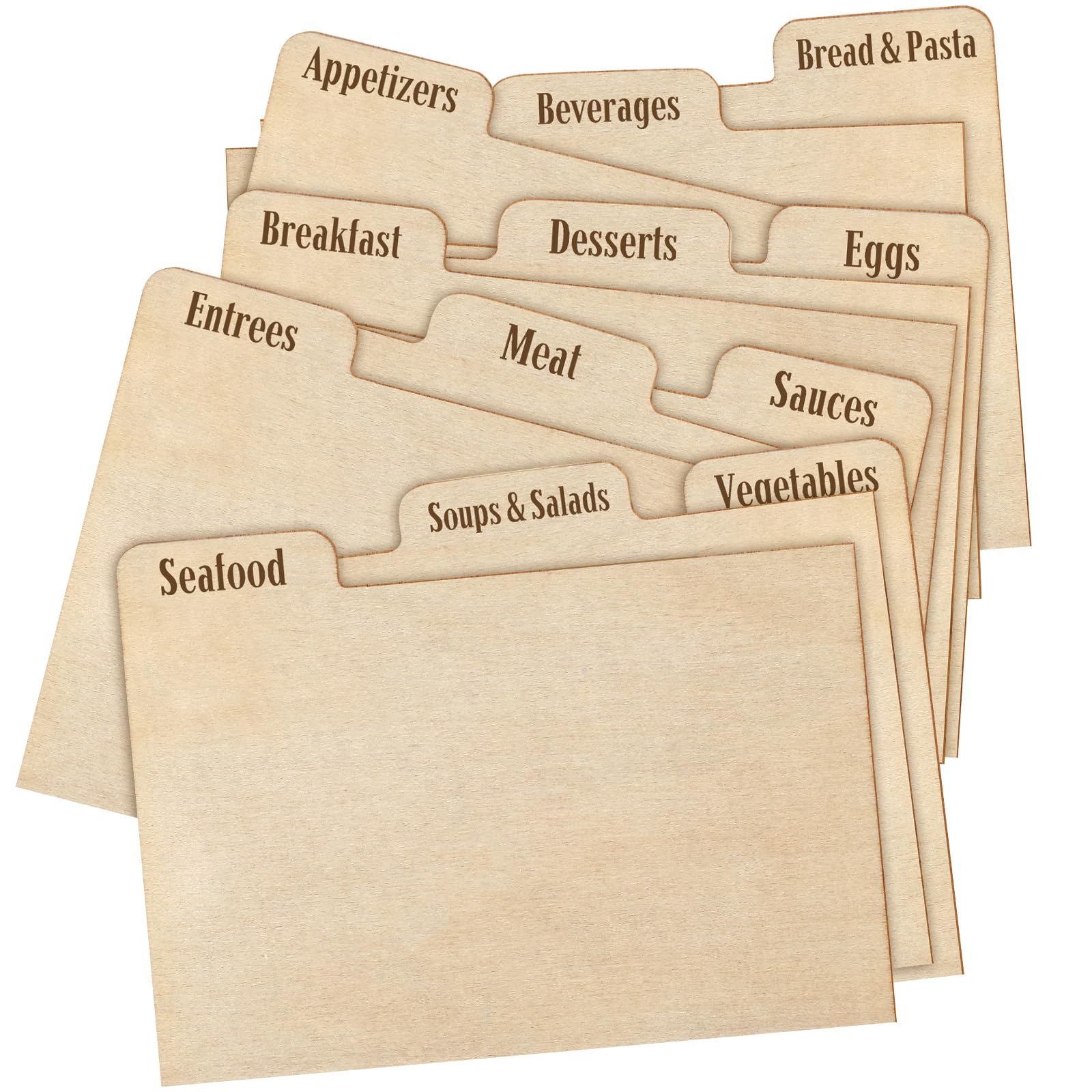 Chunful wood recipe dividers labeled for quick access to 4x6 cards