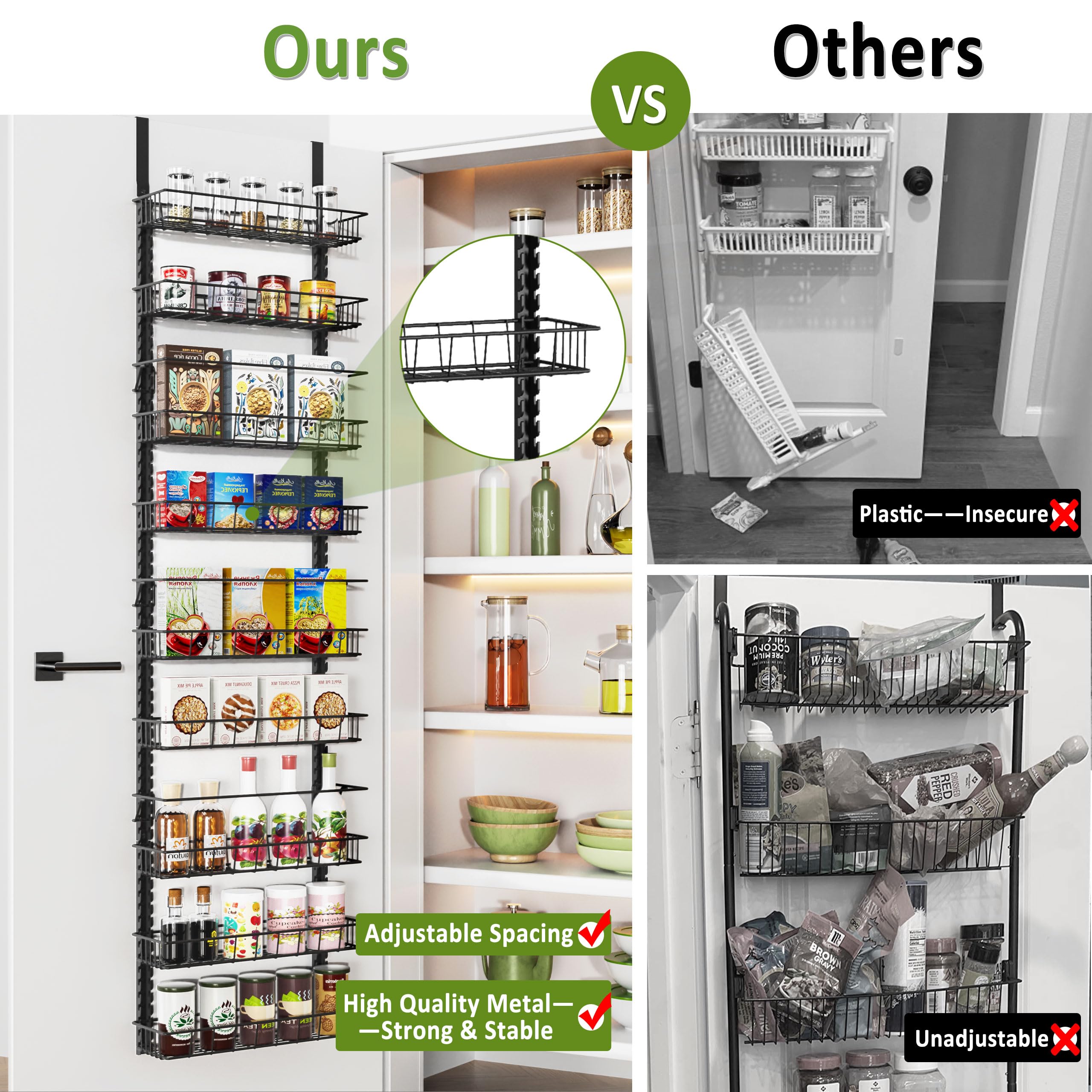 Churboro adjustable-height baskets adapt to different can and bottle sizes.