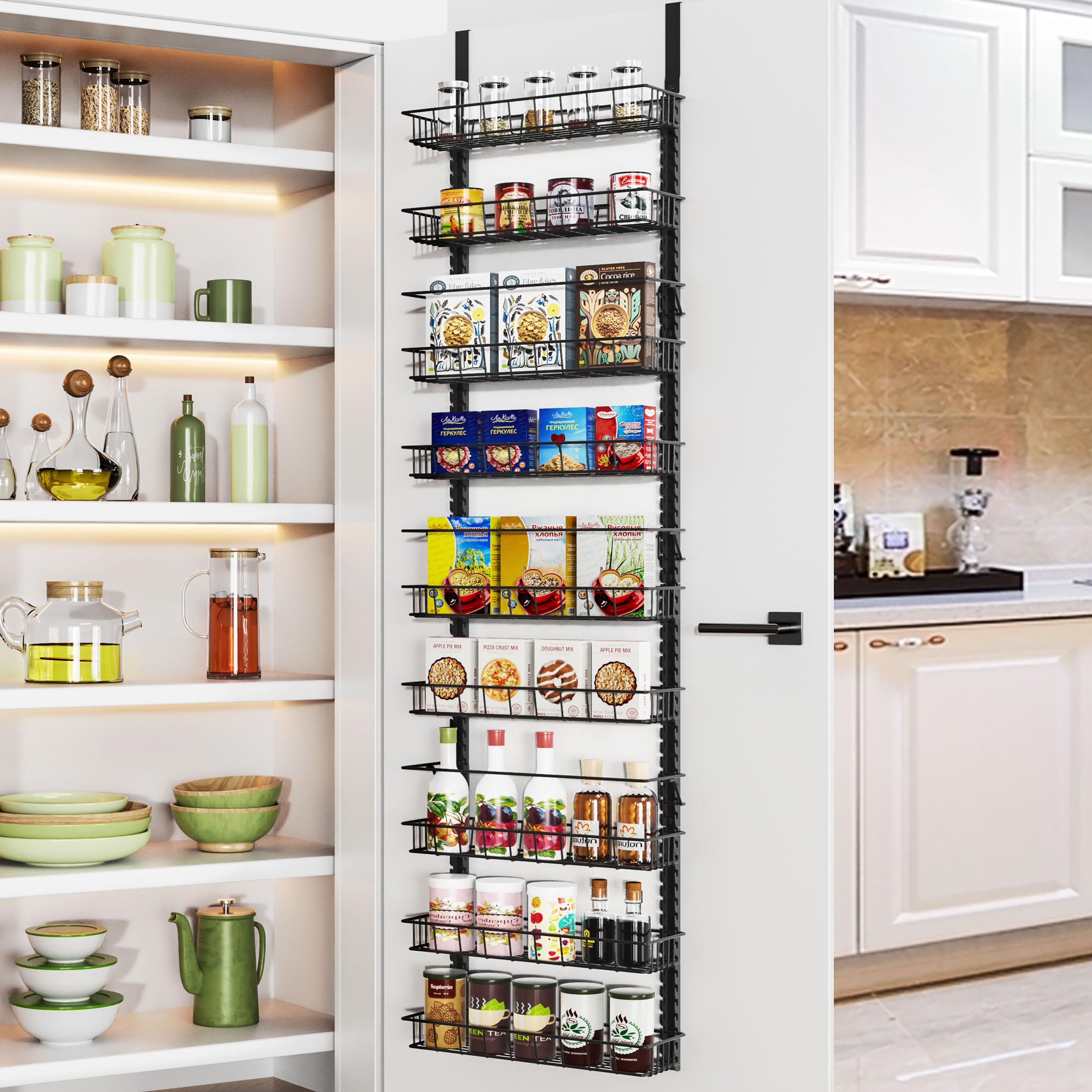 Churboro over-the-door pantry organizer with nine adjustable baskets for compact spice storage.