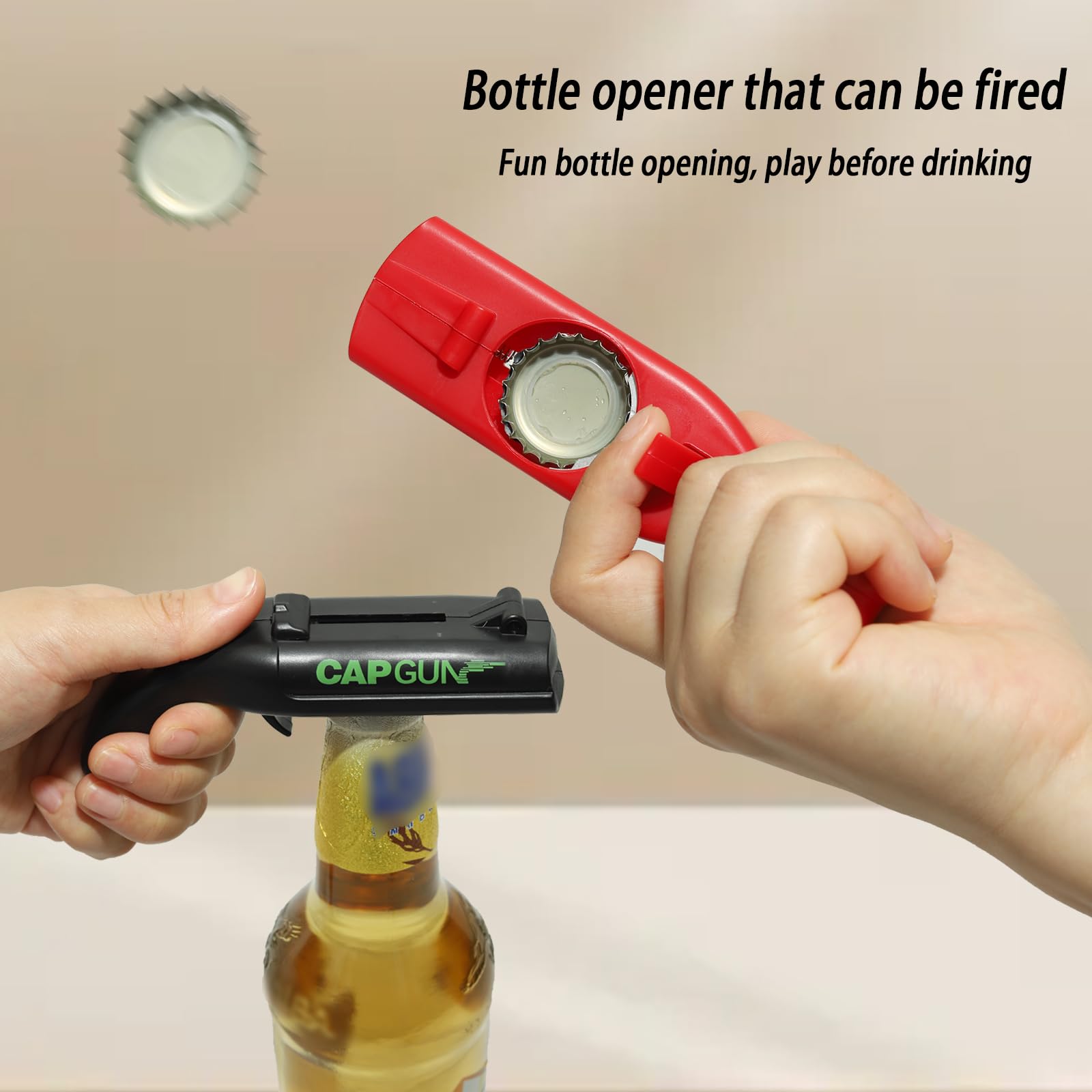 Chynexus front-view cap-launcher bottle opener shows a sturdy ABS body and stainless steel head