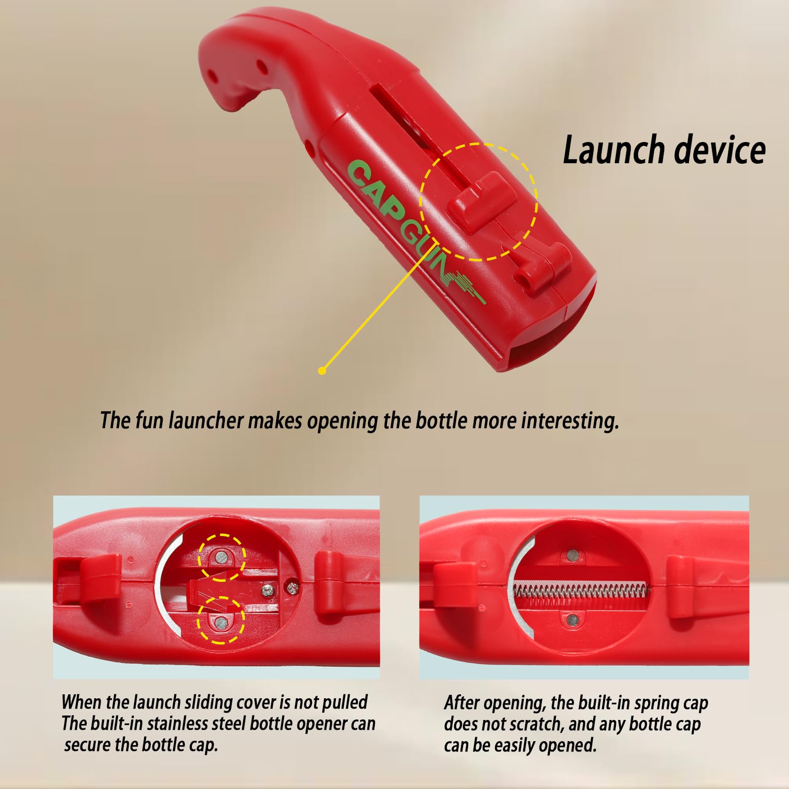 Chynexus magnet-closeup cap-launcher bottle opener showcases secure cap catch after launch