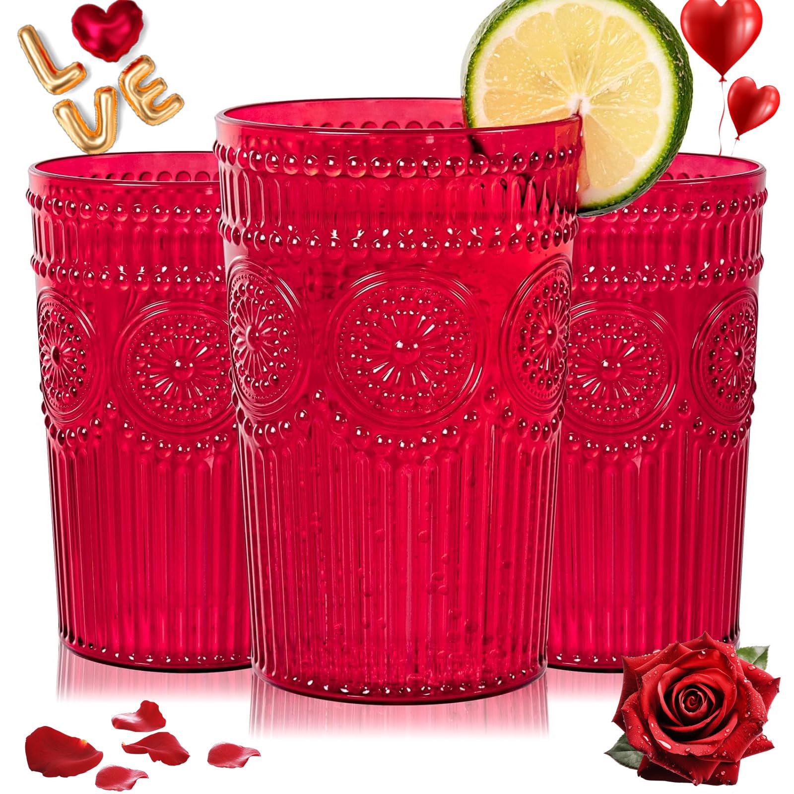 Ciaell 12-pack romantic 12oz red plastic glasses showing vintage style for everyday use