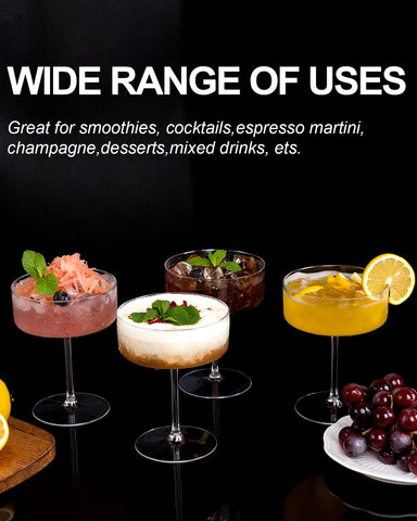Ciaell disposable coupe glasses with stem, perfect for bars and weddings.