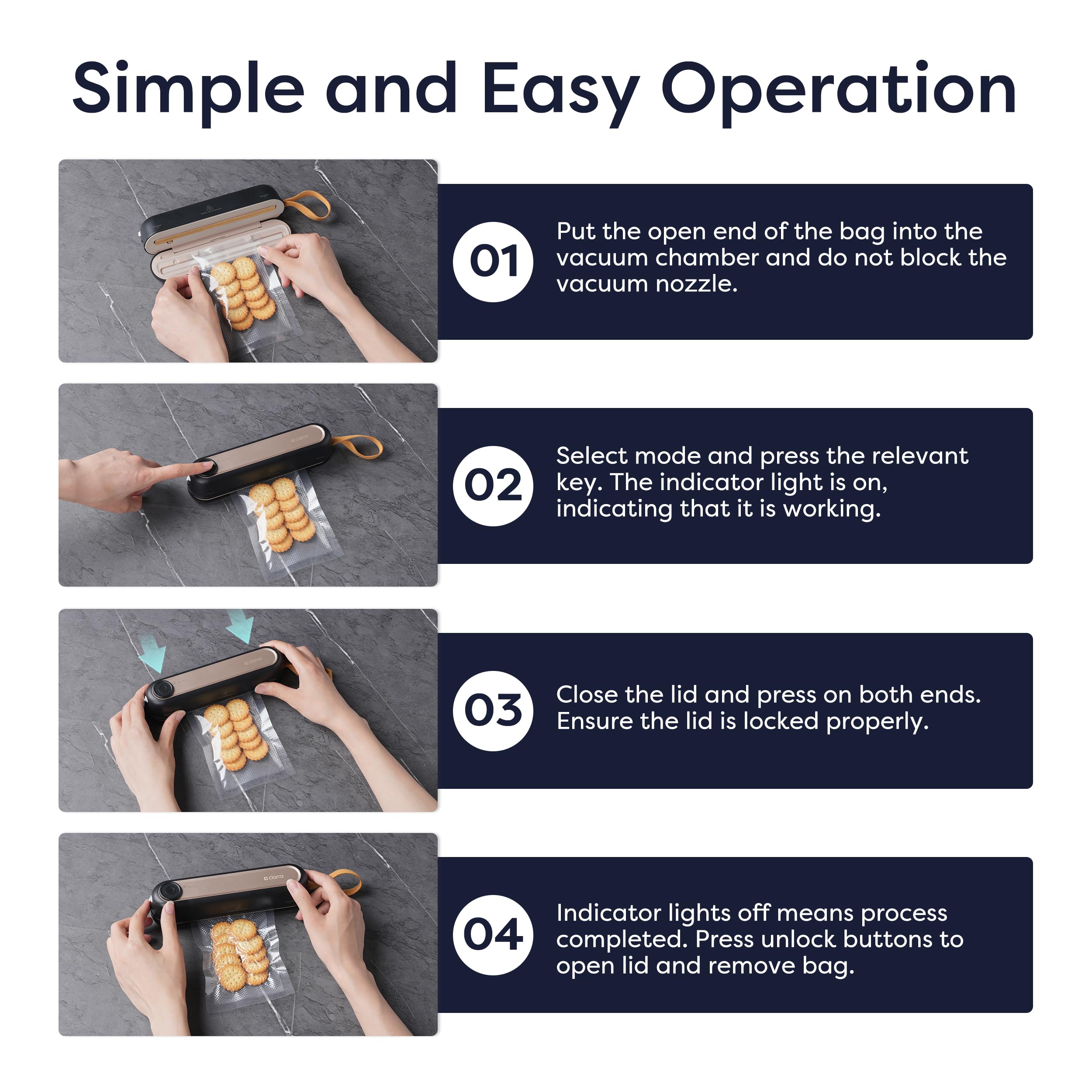 CIARRA USB charge cord powers the sealer for on-the-go use.