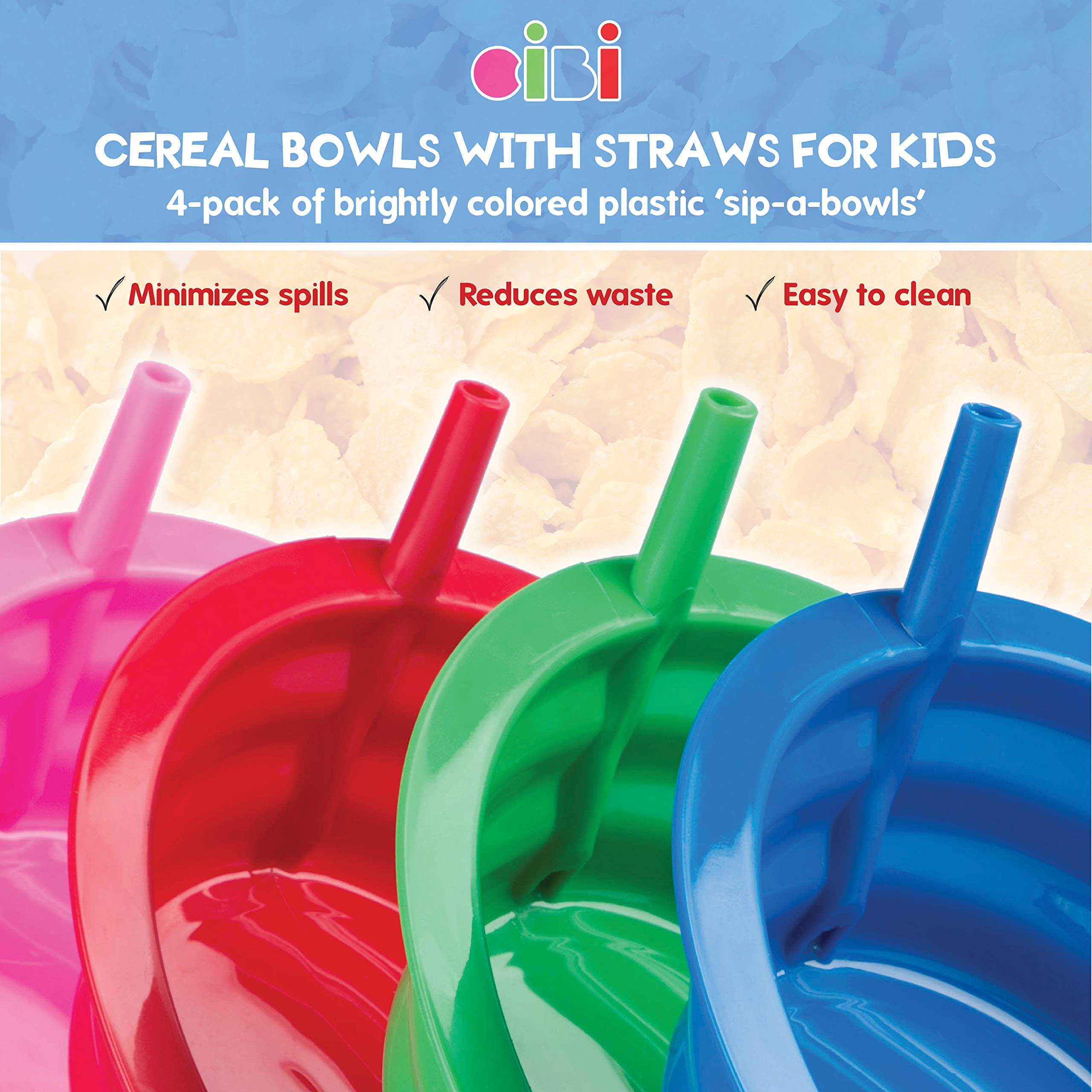 Cibi bowls with attached straw help reduce milk spills during sips.