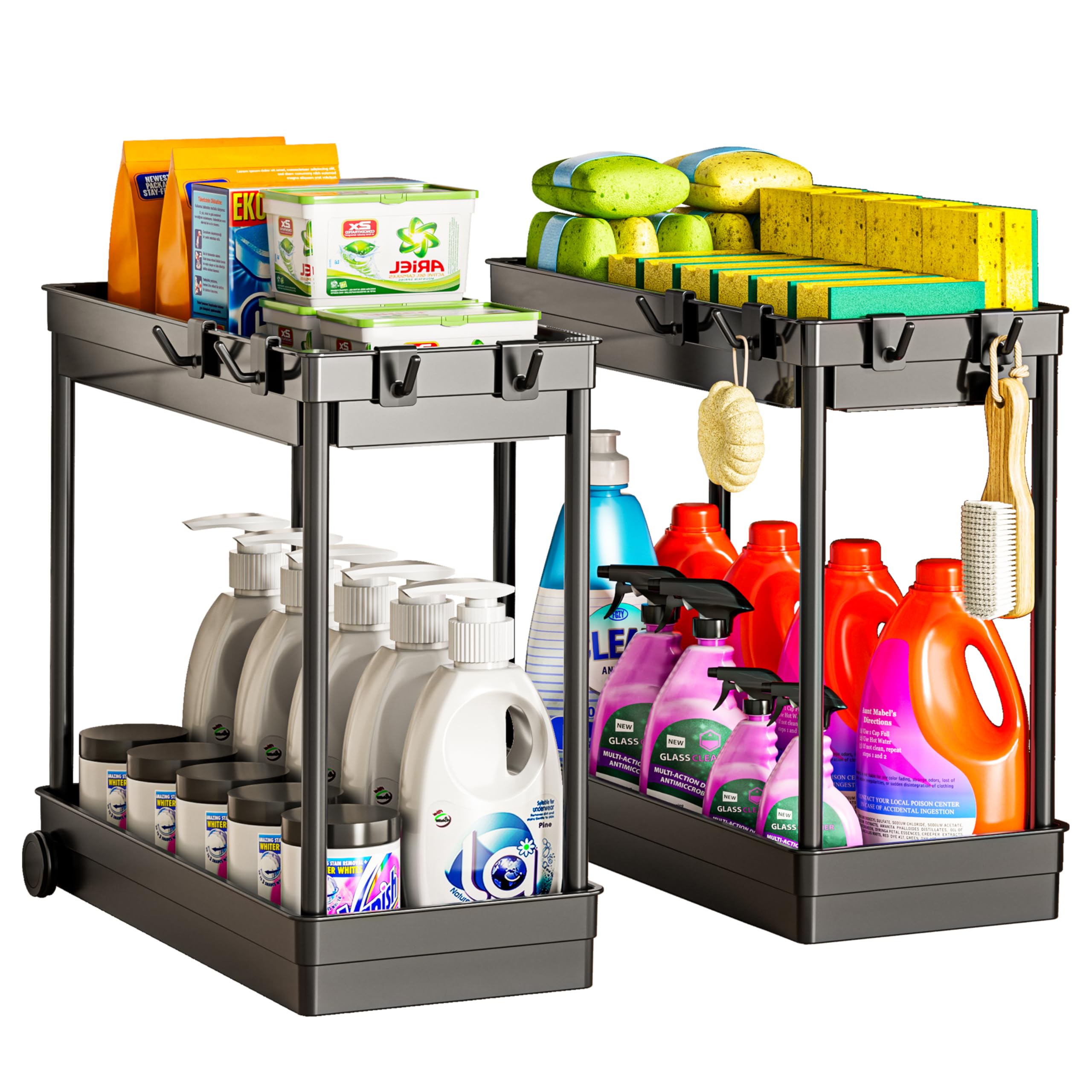 Cicilyna under sink organizer 2-tier black, keeps cleaning supplies neatly organized under the sink.