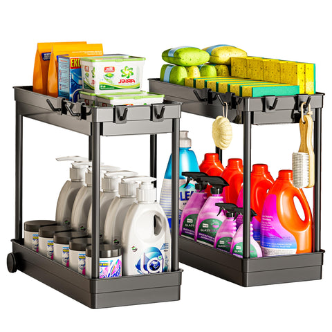 Cicilyna under sink organizer 2-tier black, keeps cleaning supplies neatly organized under the sink.