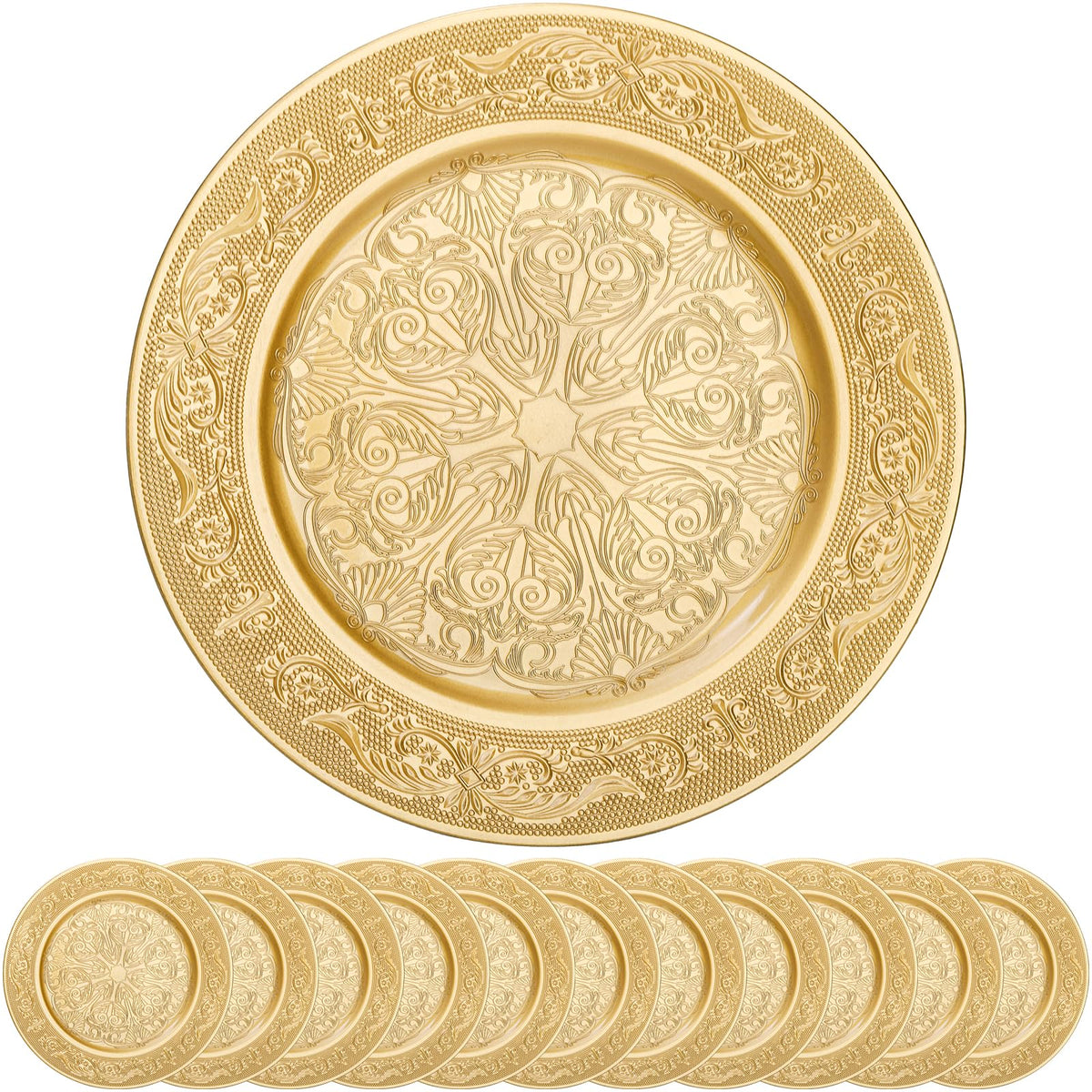 Cididu gold charger plate, 13-inch outer diameter enhances formal table settings for events.