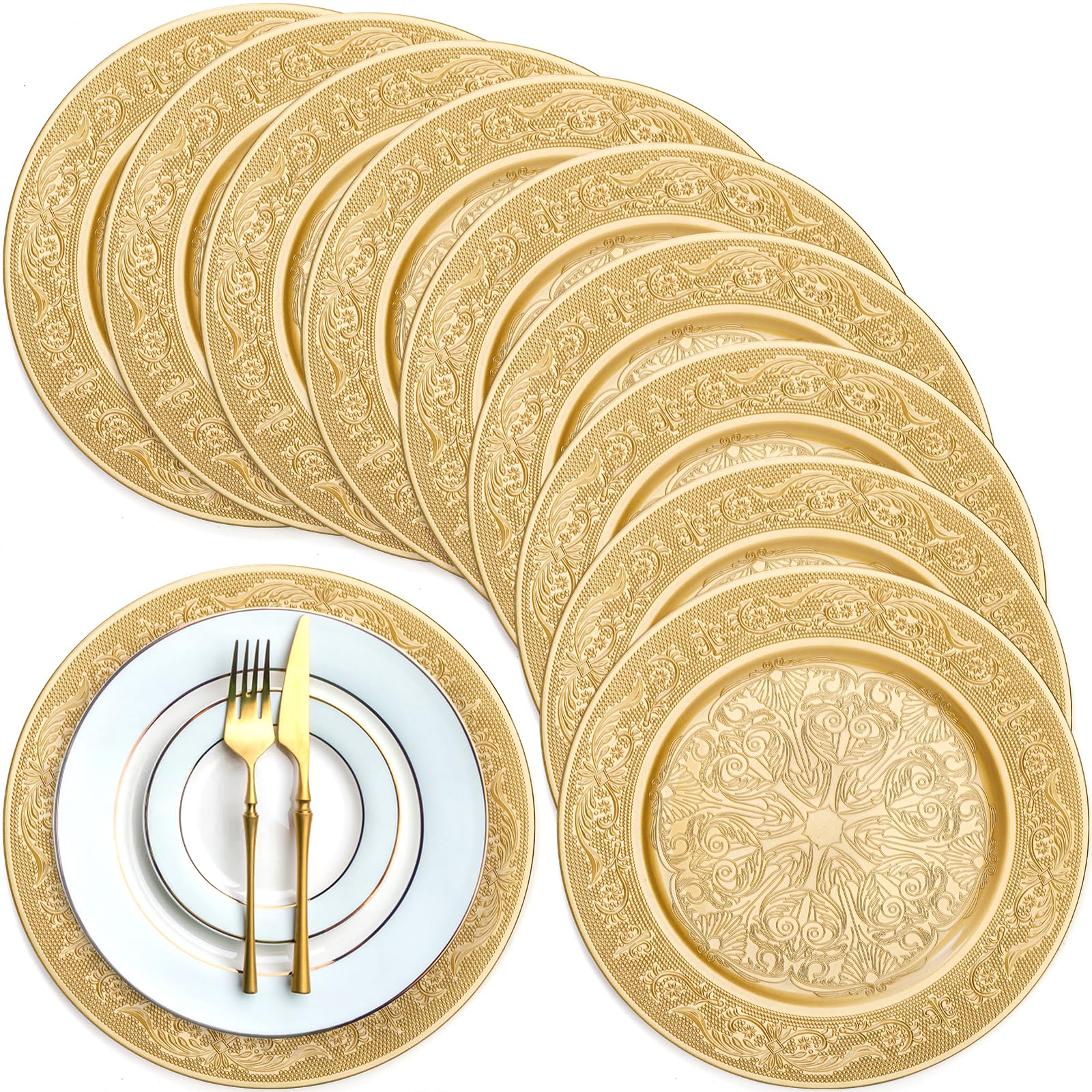 Cididu wedding table setting using gold chargers creates cohesive upscale look.