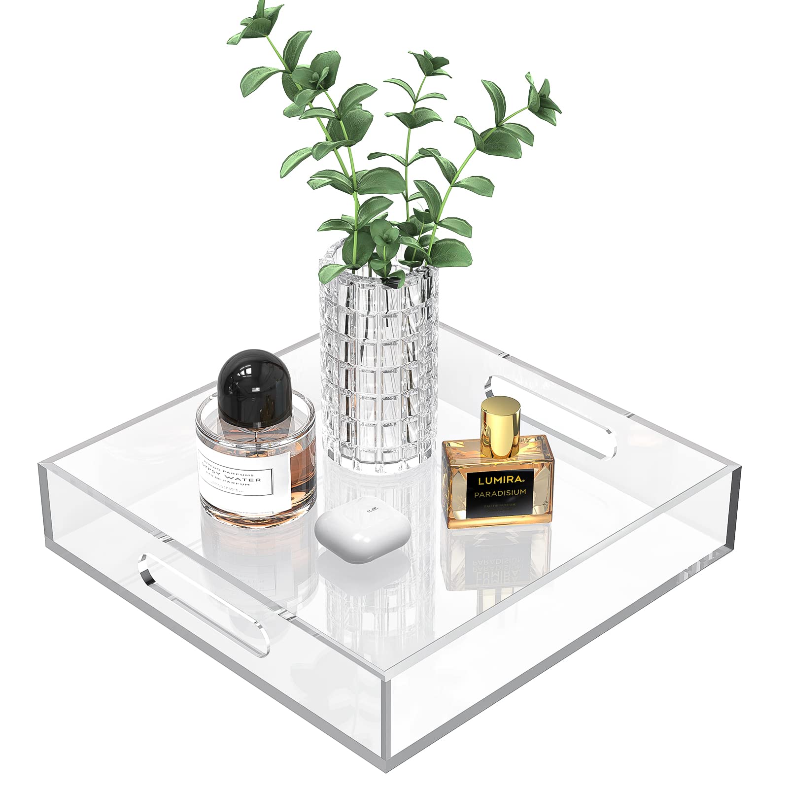 Cilinta 10x10 clear acrylic tray with handles for serving beverages