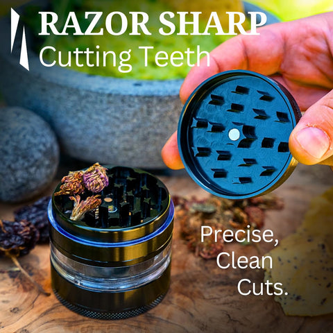 Cinder Brands Transparent storage chamber reveals herb before grinding