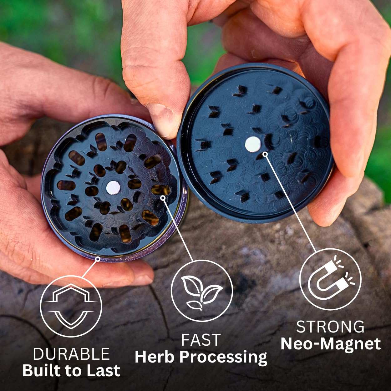 Cinder Brands Magnetic lid secures with a strong hold during grinding